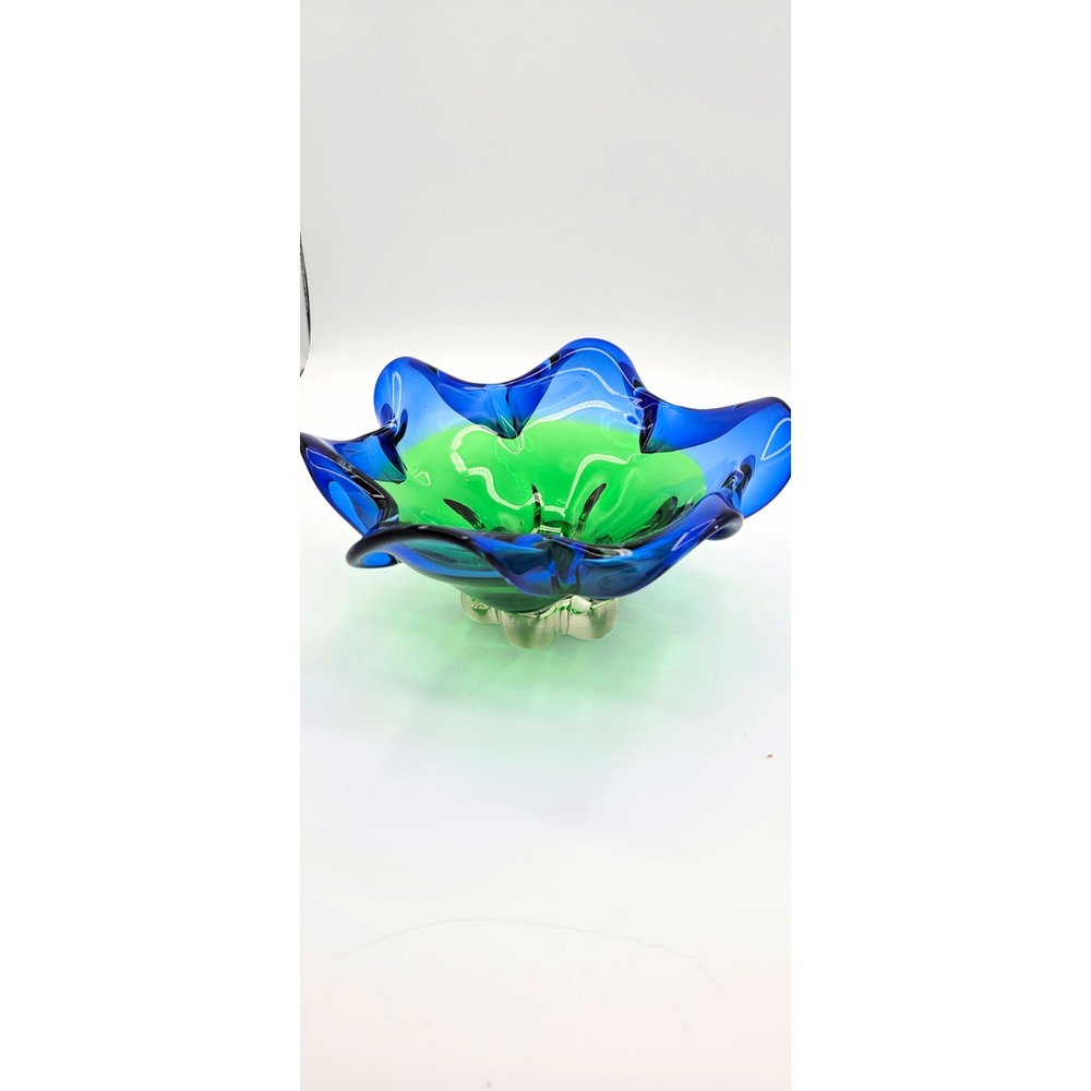 Murano Style Blue & Green Art Glass Decorative Flower Bowl, Swirl Pattern Vtg